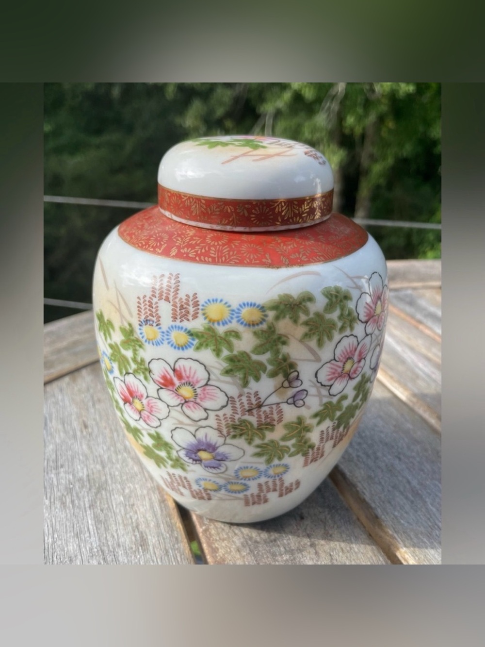 Vintage Japanese Floral Porcelain Ginger Jar Lid Urn